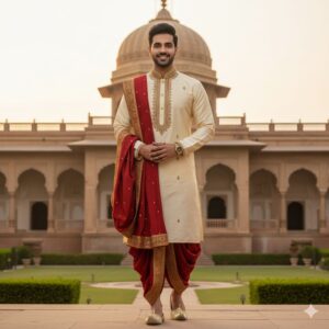 Cream-Maroon Dhoti Kurta